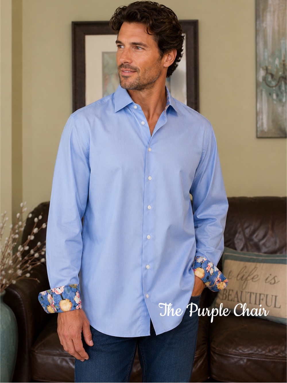 ETON Blue Button Down Tennis Racket Floral Print Flip Cuff Shirt XL